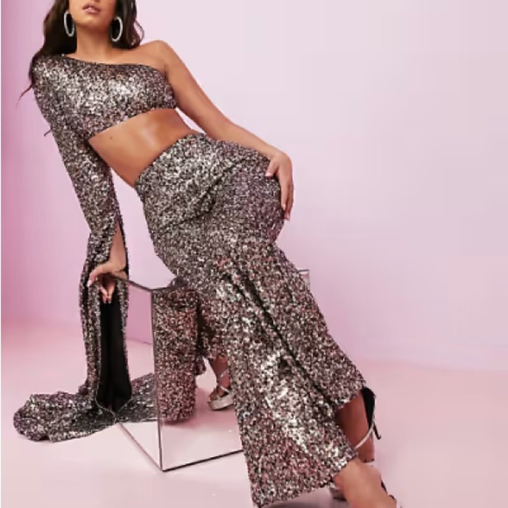❌SOLD❌ASOS DESIGN Sequin One-Shoulder Crop Top Pant SET